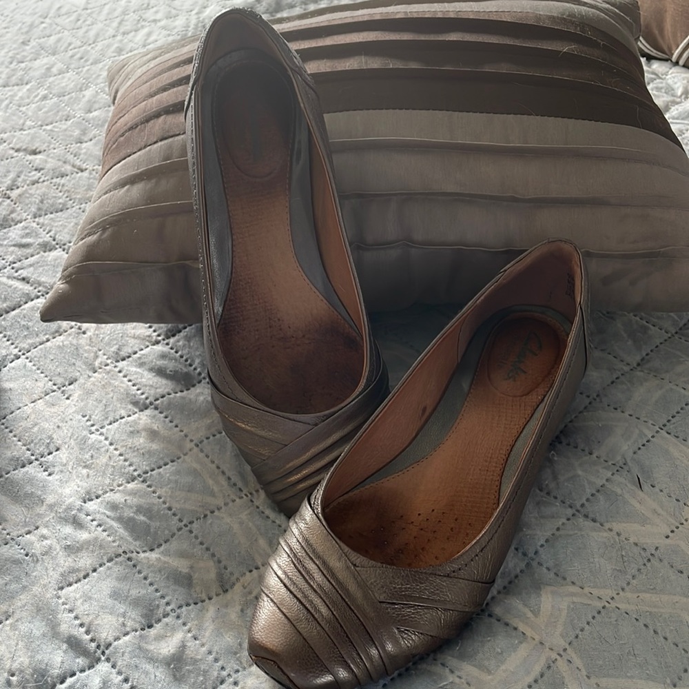 Clark, gold, one and a half inch wedge heel